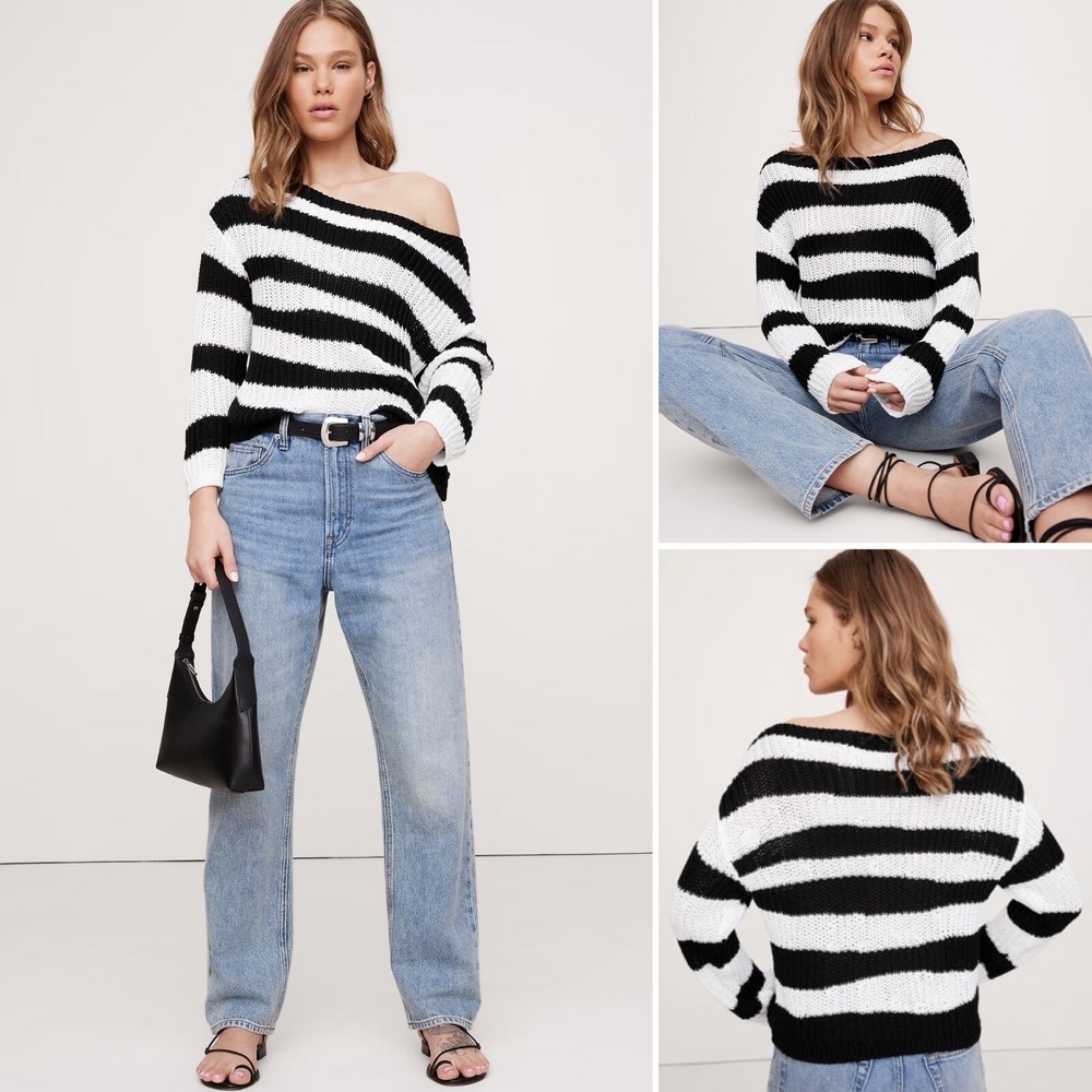 NWT Banana Republic Relaxed Organic Cotton Boat Neck Sweater LARGE‎ Black Stripe